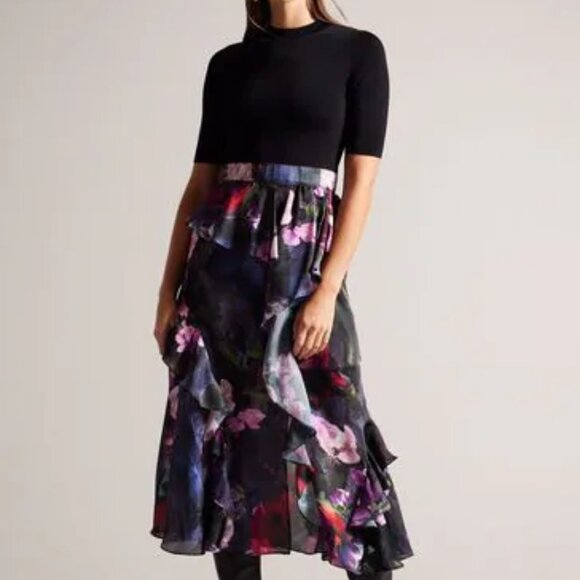 TED BAKER ROWANA Fitted Knit Bodice Dress With Ruffle Skirt - Picture 1 of 6